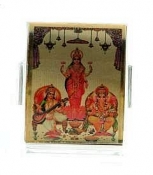 Laxmi - Ganesh - Saraswati  Gold Plated Photo Stand - Medium Siz